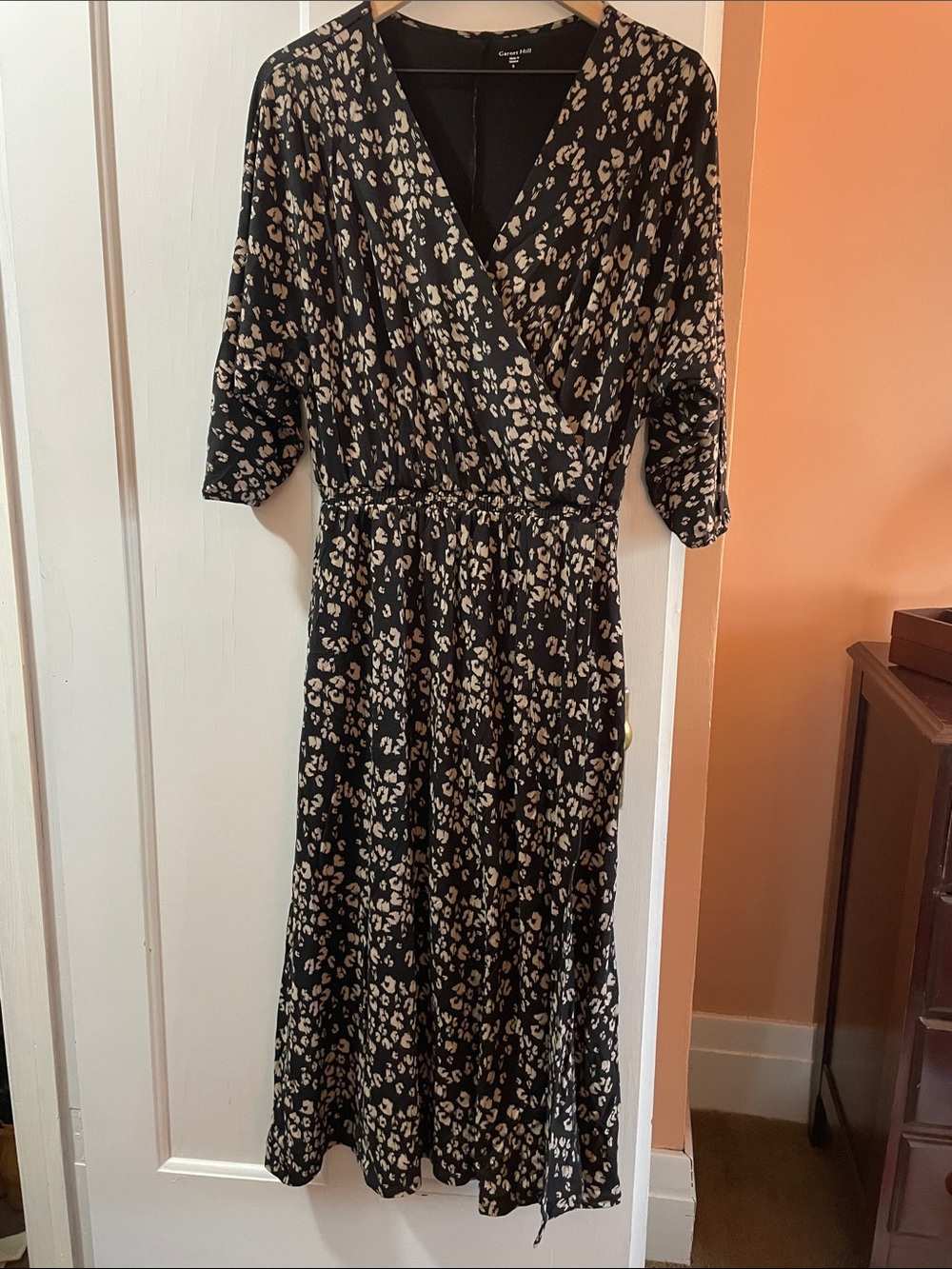 Garnet Hill Black and Cream Leopard-Print Wrap Midi Dress